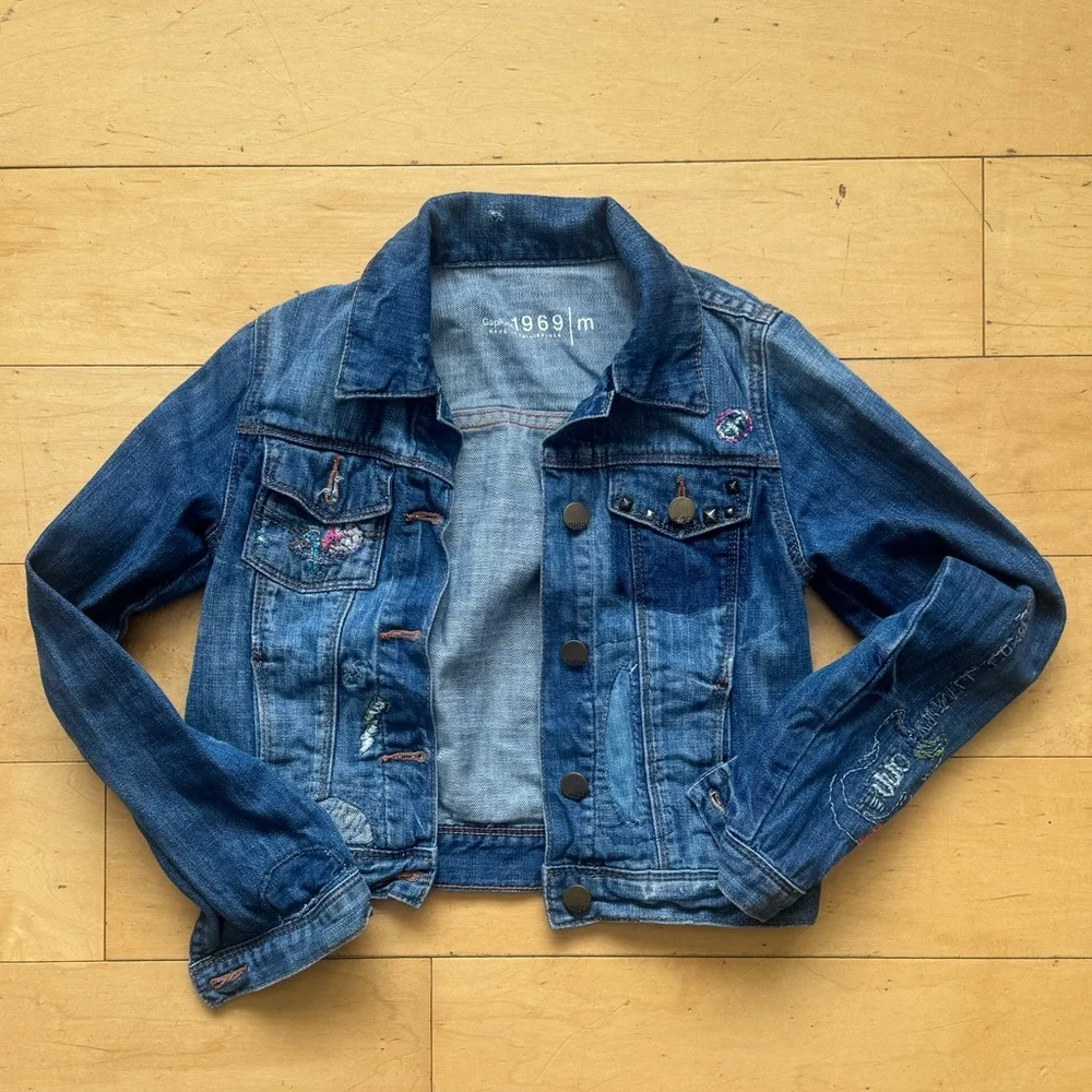 Gap Kids 1969 Denim Embroidered Boho Guitar Button Jean Jacket‎ | Sz M, retro